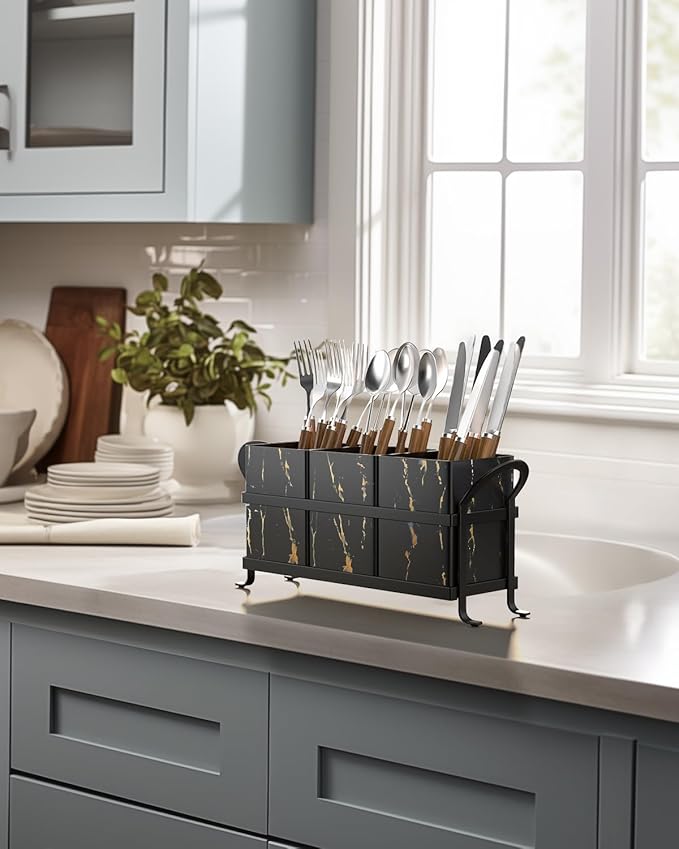 Classic Farmhouse Kitchen Organizer - Exquisite Black Gold Marble Metal Silverware Caddy, 3 Spacious Compartments, Ideal for Cutlery, Cooking Tools & More