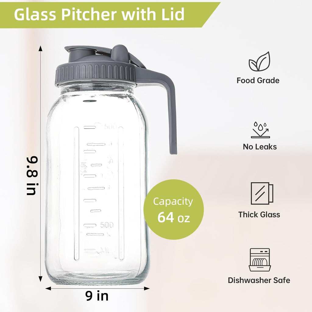 Cold Brew Maker with V-Spout, 2 Quart (64oz) Glass Pitcher with Lid, Easy Pour Breast Milk Pitcher for Iced Tea, Cold Brew Coffee, Milk and Water - Grey