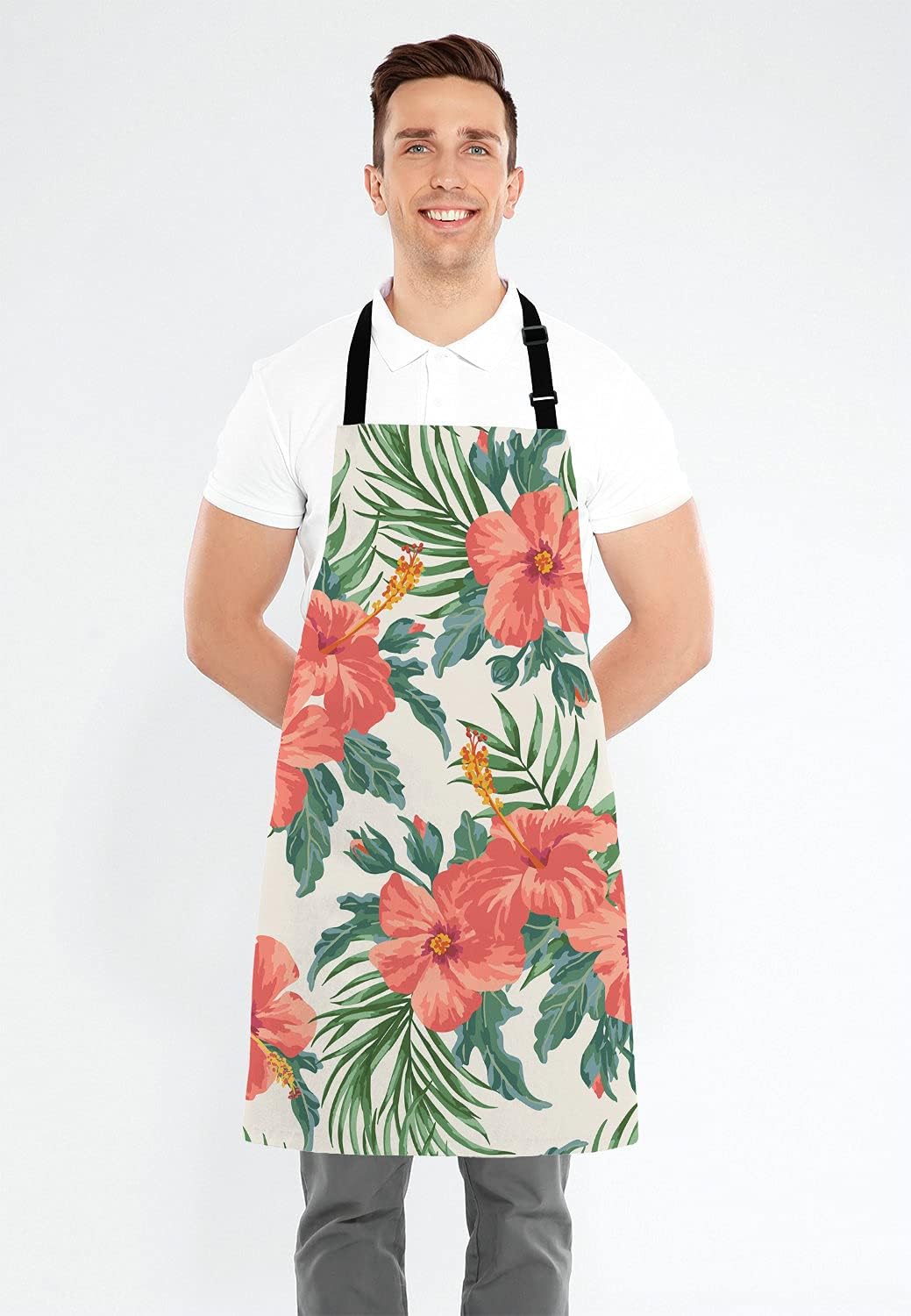 Tropical Leaves and Hawaiian Flower Bib Apron with Adjustable Neck for Men Women,Suitable for Home Kitchen Cooking Waitress Chef Grill Bistro Baking BBQ Cobbler Apron