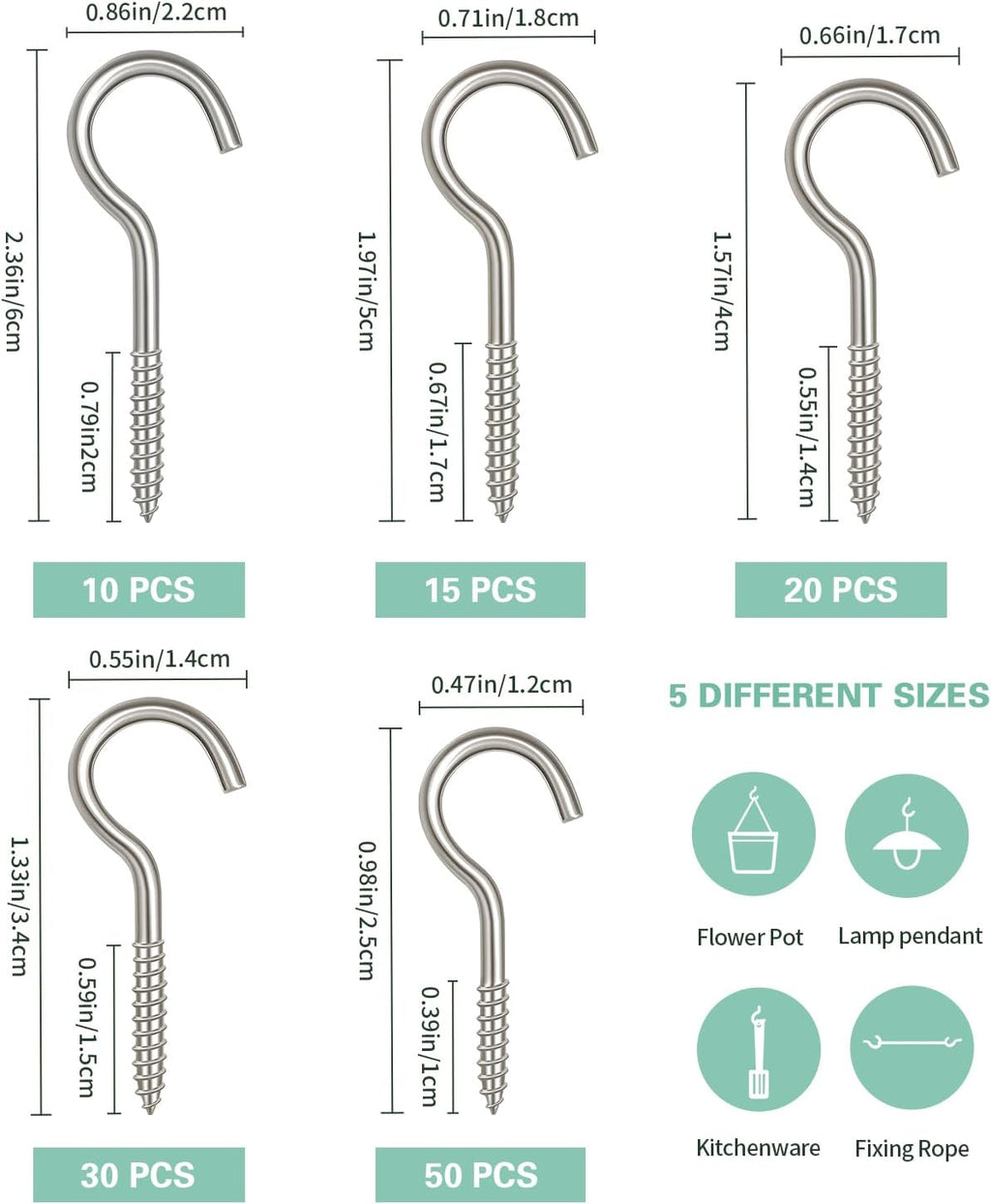 125 Pcs Screw Hooks in 5 Sizes – Cup Hooks for Hanging Plants, Mugs, Lights, and Ceiling Storage (Silver)