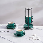 YOLIFE 2.5oz Porcelain Stackable Espresso Cups with Saucers and Metal Stand Set of 4, Stackable Cappuccino Cups, Green Expresso Shots Cup Set for Coffee Drinks, Latte, Tea