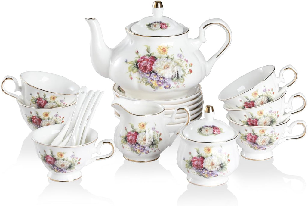 Sweejar Porcelain Tea Sets, Vintage British Floral Relief Gold Rimmed Teapot Cup and Saucer Set, Tea Set Service for 6, with Teapot, Sugar Bowl, Milk Jug, Spoons, Tea Cup and Saucer (Flower Style)