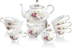 Sweejar Porcelain Tea Sets, Vintage British Floral Relief Gold Rimmed Teapot Cup and Saucer Set, Tea Set Service for 6, with Teapot, Sugar Bowl, Milk Jug, Spoons, Tea Cup and Saucer (Flower Style)