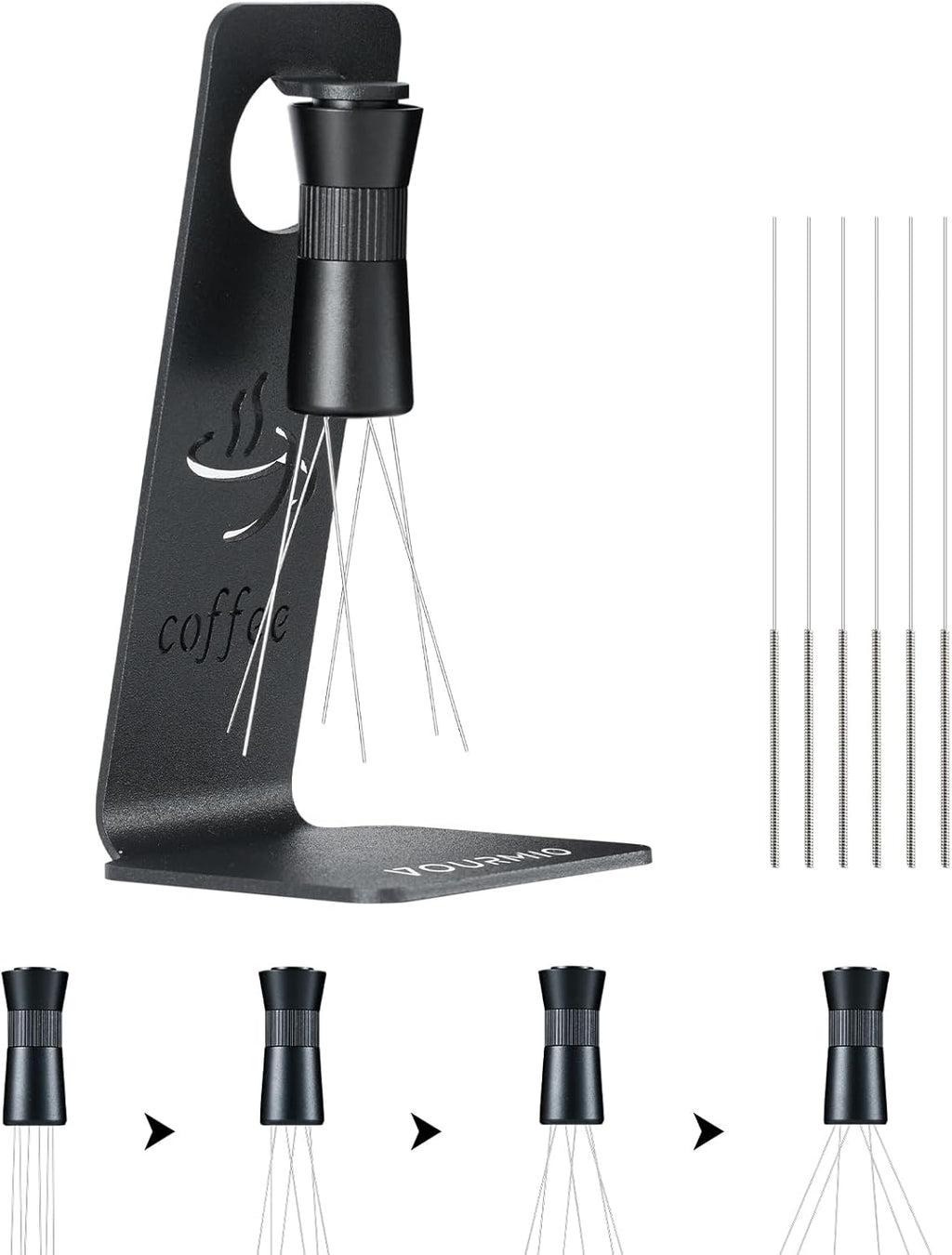 WDT Tool - Coffee Distribution Tool with Magnetic Stand, Adjustable Range Espresso Stirrer, 304 Stainless Steel 6 Needles 0.4mm and 6 Extra Needles 0.25mm