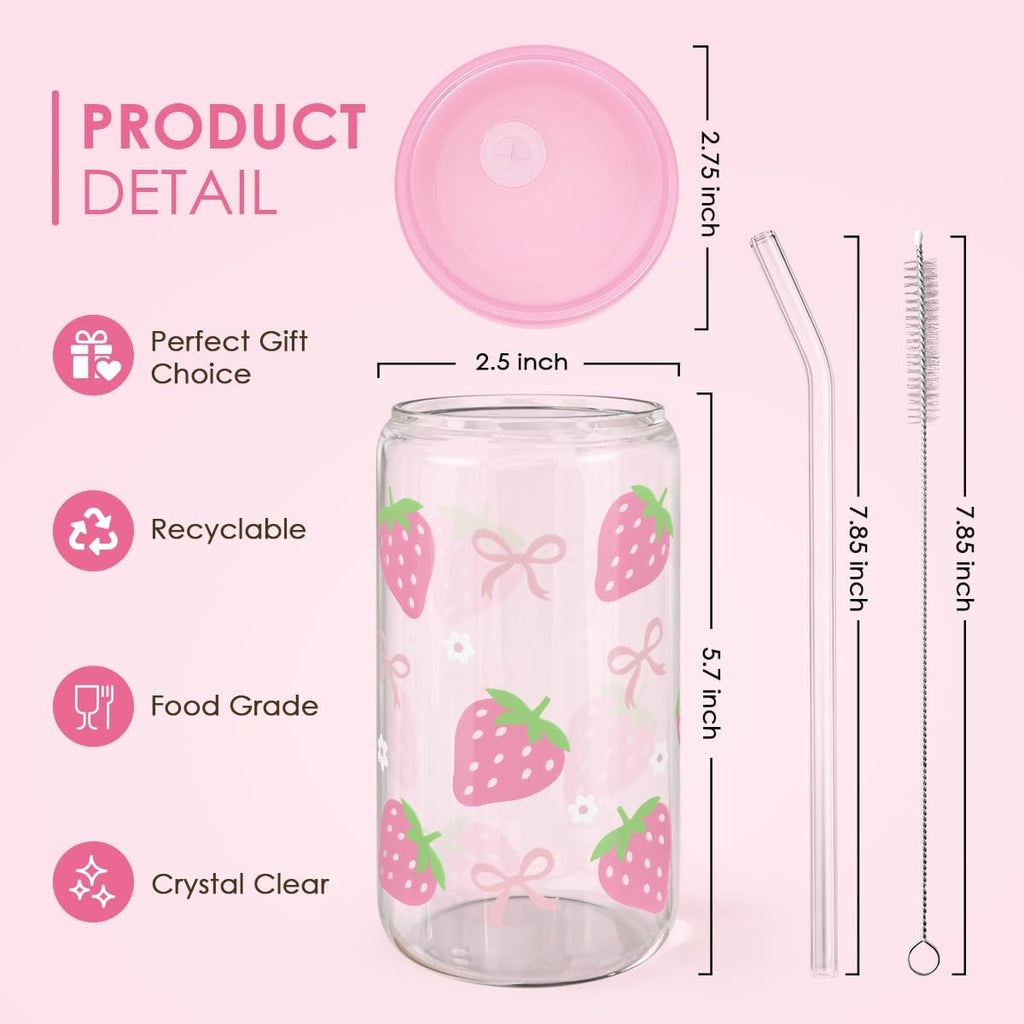 Strawberry 16 Oz Can Glass Tumbler with Acrylic Lid and Straw - Iced Coffee Cups for Women, Aesthetic Glass Cup Gift for Birthday Christmas