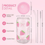 Strawberry 16 Oz Can Glass Tumbler with Acrylic Lid and Straw - Iced Coffee Cups for Women, Aesthetic Glass Cup Gift for Birthday Christmas