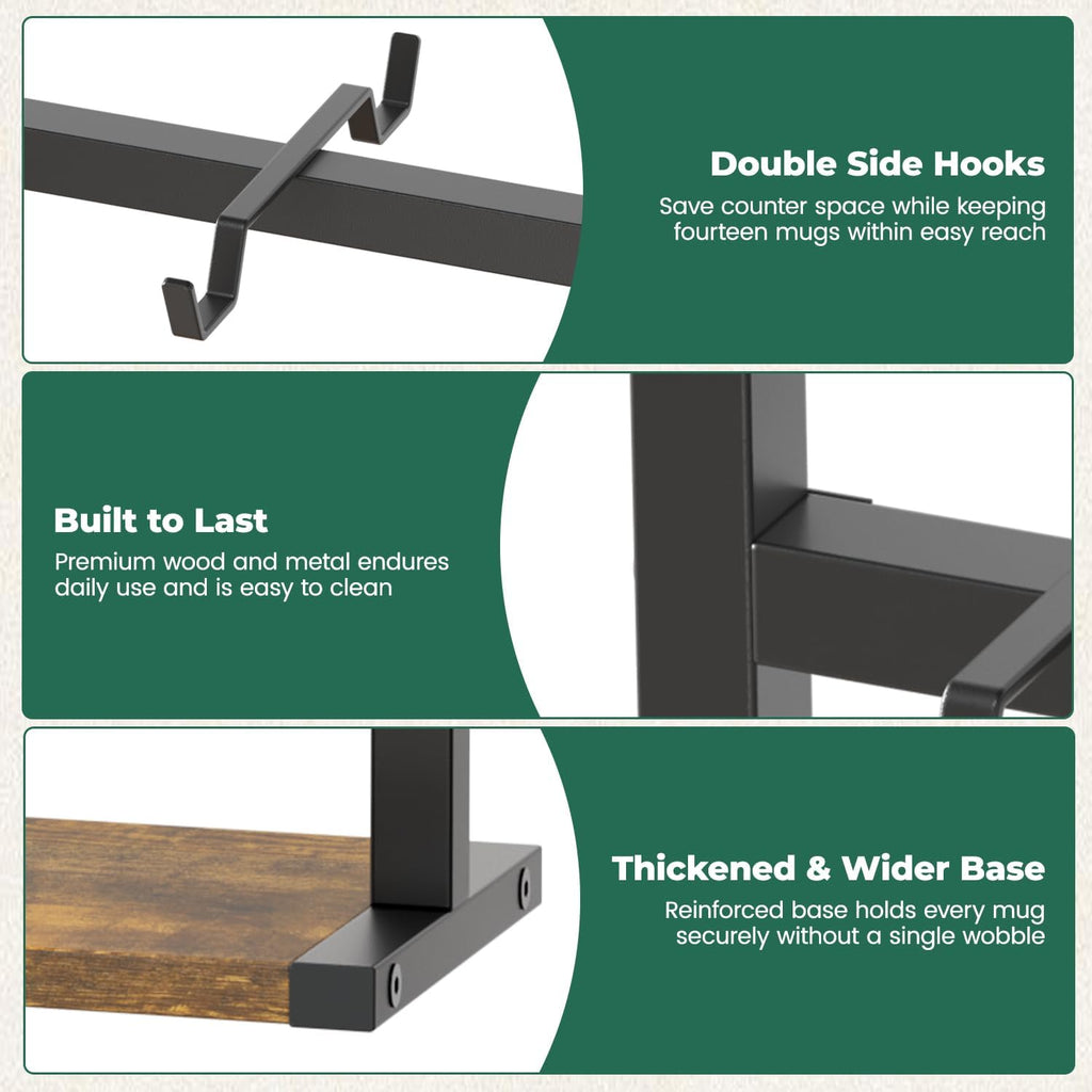 EsLuker.ly Coffee Mug Holder Cup Tree Rack for Countertop, 2 Tier Rustic Wood Coffee Bar Station Organizer Narrow Display Stand for Kitchen Office, Hold 14 Mugs with Sturdy Base, Free Up Counter Space