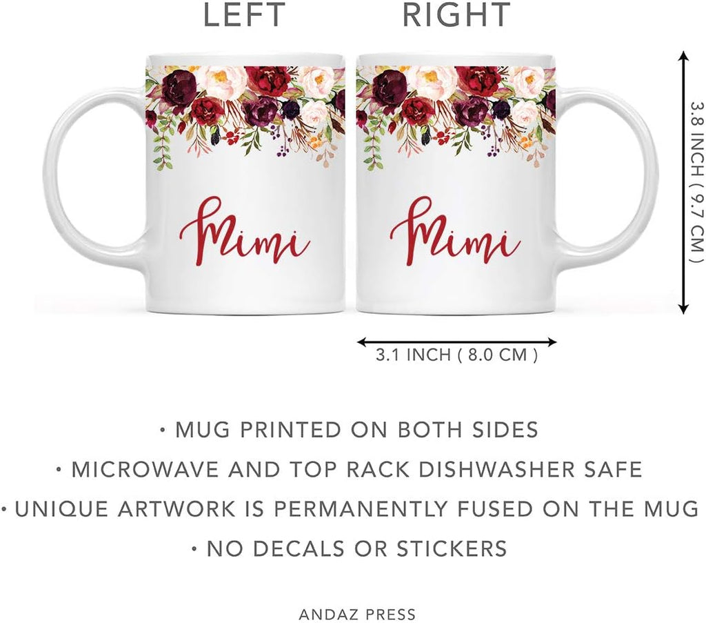 Andaz Press 11oz. Mother's Day Ceramic Coffee Tea Mug Gift, Fall Autumn Marsala Burgundy Flowers Roses Florals, Mimi, 1-Pack, Includes Gift Box, Birthday Christmas Gift Ideas