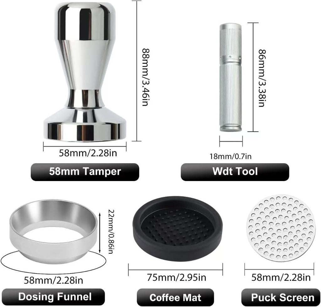 58mm Espresso Accessories Kit,Wdt Tool Espresso,Solid Espresso Tamper,Dosing Funnel and Coffee Puck Screen,Silicone Tamper Mat,0.4mm Stainless Steel 6pin Espresso Stirrer,Barista Tools Espresso Kit