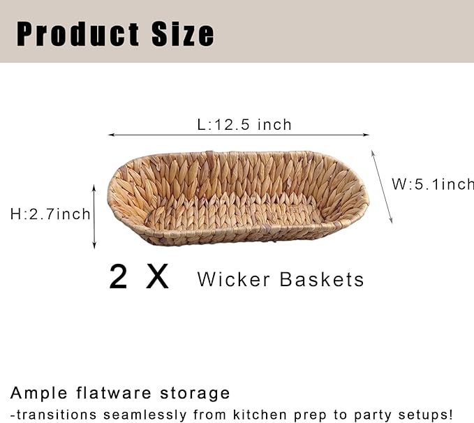 Set of 2 Small Wicker Baskets for Flatware Organizer, Silverware Caddy Utensil Caddy Basket, Bread Baskets Cutlery Holder for Party