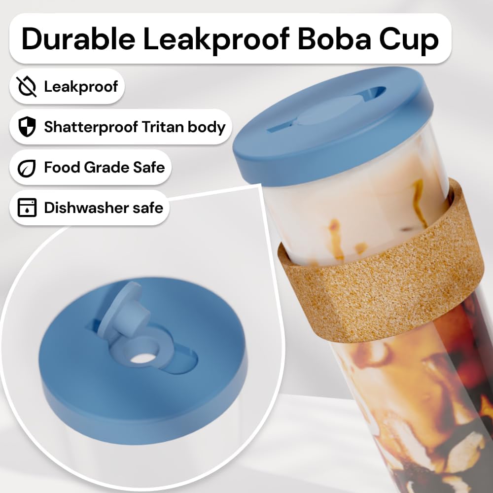Dodoko Reusable 24 oz Bubble Tea Cup with Lid and Straw - Iced Coffee Cup - Smoothie Tumbler to Go - Breeze Blue