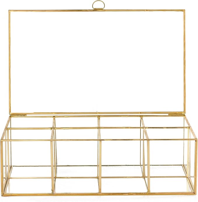 NCYP Glass Tea Bags Organizer with Lid, 8 Compartments Teabag Container, Indoor Counter Top Brass Display Case, 12" x 7.1" x 3.7" Teabag Storage Box, Gold Decor (Glass Box Only)