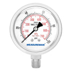 MEASUREMAN Fully Stainless Steel Hydraulic Glycerin Filled Pressure Gauge, 2-1/2" Dial Size, 1/4" NPT Lower Mount, 0-100psi/kpa