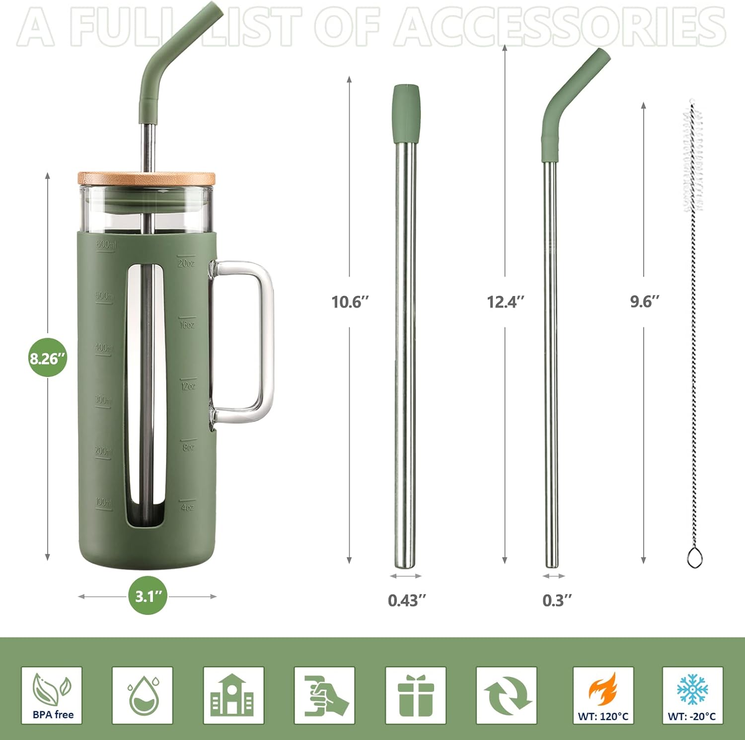 Kodrine Tumbler with Lid and Straw, 20 oz Glass Coffee Tumbler with Handle, Smoothie Cup with Bamboo Lid | Time Marker | Silicone Protective Sleeve, BPA Free - Olive