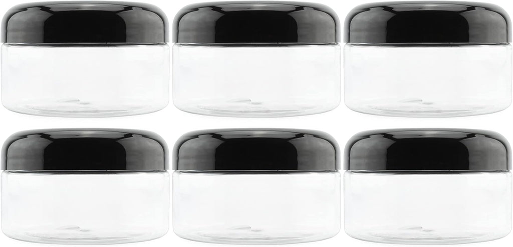 Cornucopia Brands 8oz Clear Plastic Jars w/Black Plastic Lids (6-Pack); BPA Free PET Stackable Containers for Bathroom & Kitchen Storage & Cosmetics