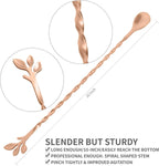 AnSaw Rose Gold 10-Inch Stainless Steel Cocktail Spoon with Leaf Handle - Perfect for Mixing & Layering Drinks in Tall Cups, Bar & Shakers - Durable Long Handle Bar Stirrer,2-Pieces
