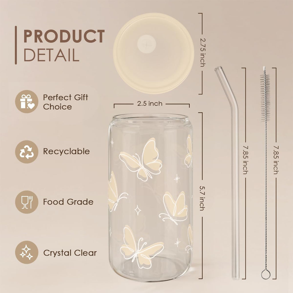 SANDJEST Butterfly Glass Can, Iced Coffee Aesthetic,Cup, Gifts for Christmas Birthday, Gift for Women Girls, 16oz