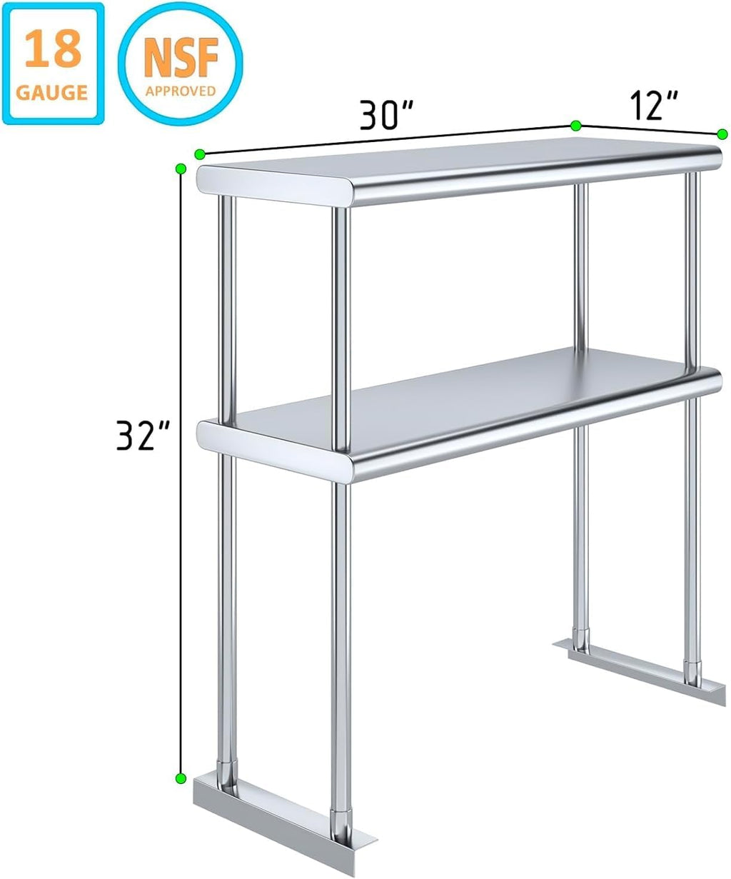 NSF Certified 18 Gauge Heavy Duty Stainless Steel Double overshelf with Brackets for Kitchens, Utility Rooms, Storage, Offices & Home