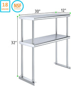 NSF Certified 18 Gauge Heavy Duty Stainless Steel Double overshelf with Brackets for Kitchens, Utility Rooms, Storage, Offices & Home