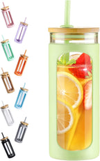 Kodrine 20oz Glass Tumbler with Straw and Lid, Iced Coffee Cups with Bamboo Lids, Glass Cups for Cold Drinks, Smoothie Cup with Silicone Sleeve for Travel, Work, BPA FREE-MintCream