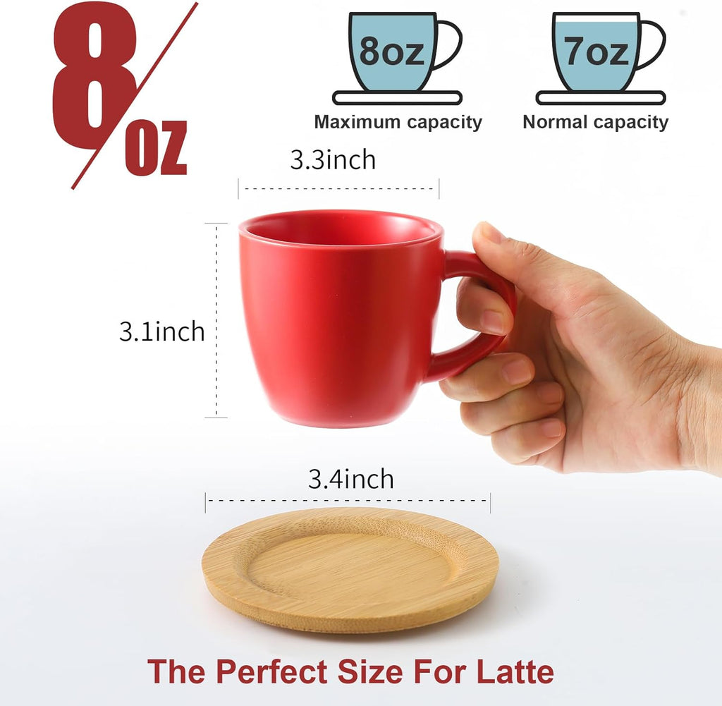Hasense 8 oz Tea Cups and Saucers Set of 6, Ceramic Coffee Cups with Handle, Latte, Cappuccino, Espresso, Stackable for Party, Home and Kitchen, Red