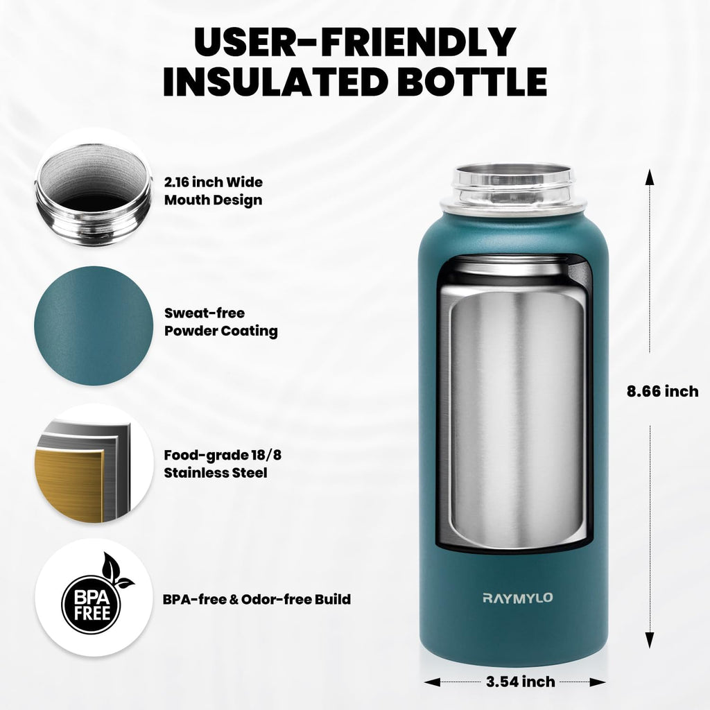 Insulated Water Bottle 32 oz, Triple Wall Vacuum Stainless Steel (Cold for 48 Hrs), Leak Proof & Non-BPA, Modern Water Flask Jug with Paracord Handle & Straw Spout Lids, Dark Green