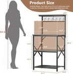 Furologee Kitchen Bakers Rack, Microwave Stand with Storage 4 Tiers, Coffee Bar Station with 6 S Hooks and Pegboard, Kitchen Shelves Rack for Spices, Pots, Black Oak