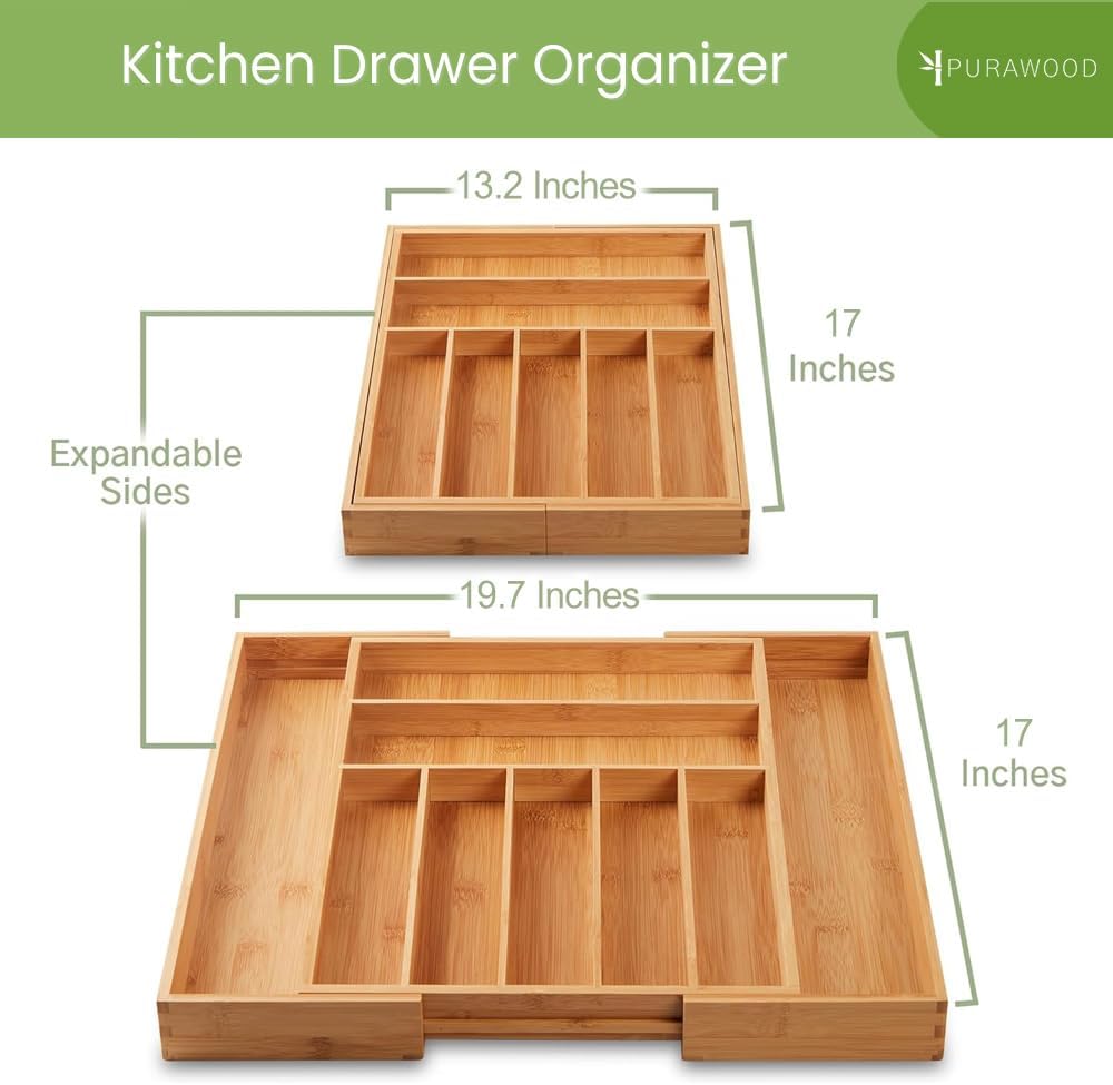 Purawood Bamboo Drawer Organizer - Expandable Silverware Organizer & Utensil Drawer Organizer, Cutlery Tray with Dividers, 7-9 Slots- Kitchen Organizer for Utensils & Flatware (Natural)