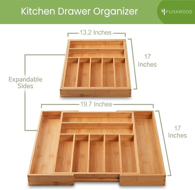 Bamboo Drawer Organizer, 2 Pack - Expandable Silverware Organizer & Utensil Drawer Organizer, Cutlery Tray with Dividers, 7-9 Slots - Premium Kitchen Organizer for Utensils & Flatware (Natural)