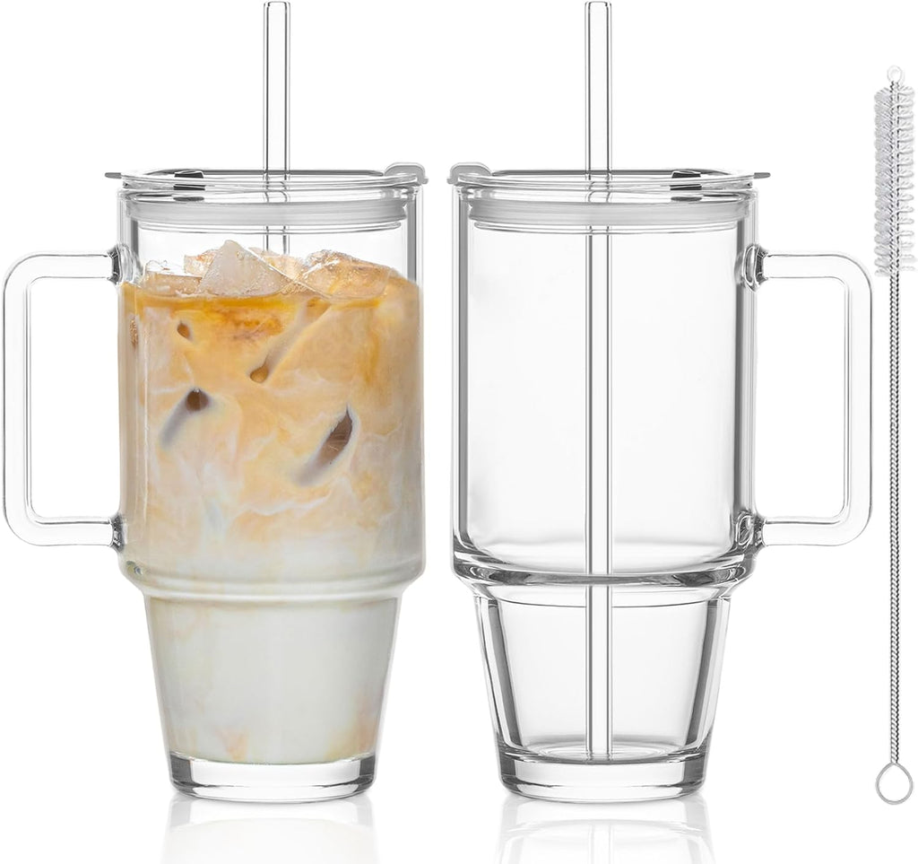 KEMORELA Glass Cups with Lids and Straws 2PCS, 24oz Clear Tumblers with Handle, Reusable Drinking Glasses for Iced Coffee, Tea, Water, Leak Proof Lid, Dishwasher Safe