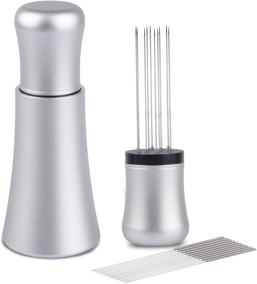 WDT tool, Espresso Distribution tools, 10 x 0.35mm 304 Stainless Steel Needles Installed with 10 Extra needles for Espresso Stirrer Replacement, Aluminum Alloy Handle with Stand (Matte Silver)