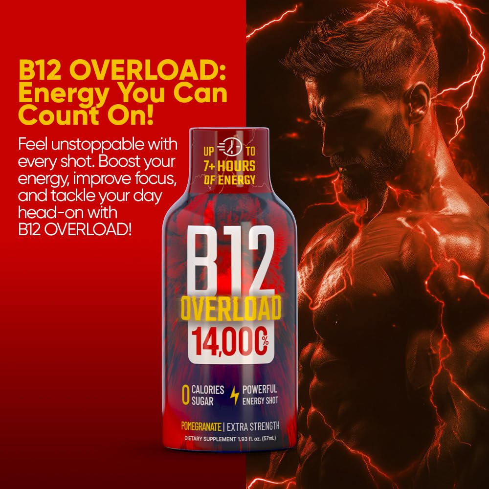 B12 Overload Extra Strength Energy Shot – Pomegranate – 260mg Caffeine, 14000% B12, Electrolytes – Energy & Vitality Support – Zero Sugar No Calories – Vegan, Kosher, Gluten-Free – 1.93 fl oz, 24-Pack