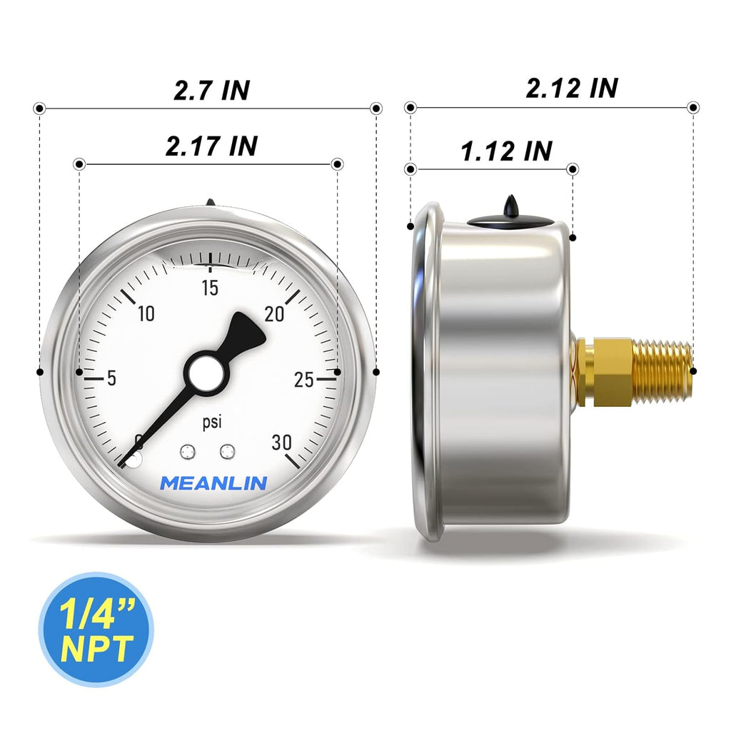 MEANLIN MEASURE 0~30Psi Stainless Steel 1/4" NPT 2.5" Single Scale FACE DIAL, Glycerin Filled Pressure Gauge, WOG Water Oil Air, Back Mount, with 1/2" NPT and 3/8" NPT Hex Bushing