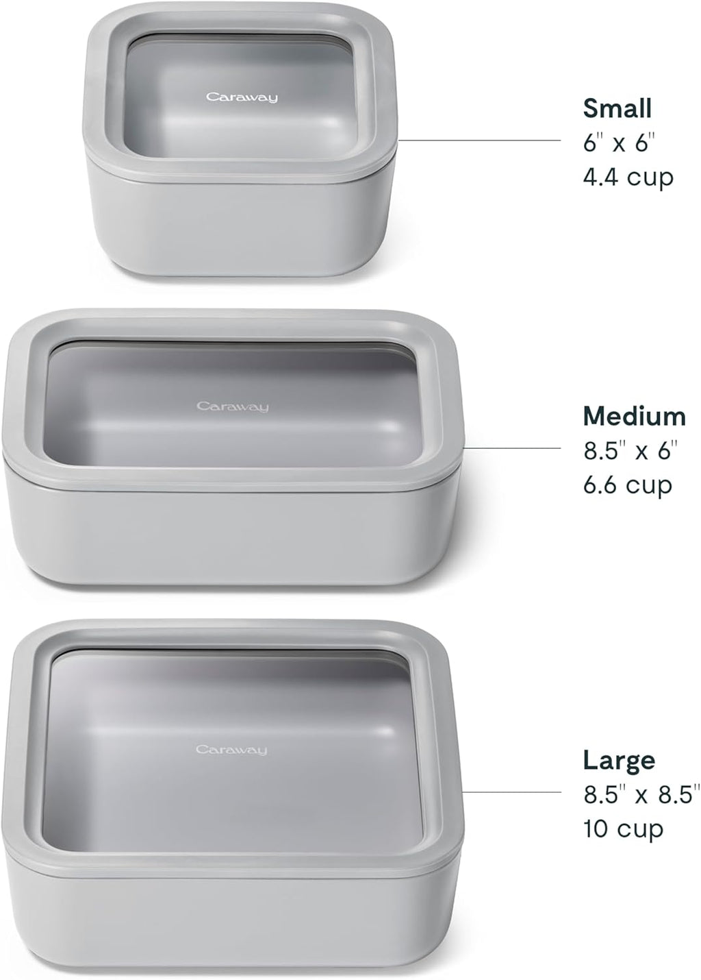 Caraway 3pc Glass Food Storage Set - 10, 6.6, & 4.4 Cup Containers - Ceramic Coated - Non-Toxic Non-Stick Lunch Box With Glass Lids - Dishwasher, Oven, & Microwave Safe - Gray