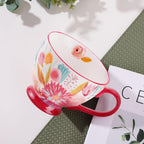 Vintage Flower Mugs – Large Ceramic Coffee Mug (15oz) – Cute Cereal Cup for Breakfast, Oatmeal Tea & Hot Drinks – Handmade Ceramic Cup with Floral Design
