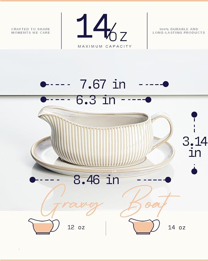 Getstar Gravy Boat with Saucer, Cranberry Sauce Dish Thanksgiving, Ceramic Gravy Dish Bowl, Microwave & Dishwasher Safe (2 Pieces)