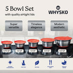 WHYSKO Stainless Steel Mixing Bowls with Lids Set - 5 Rustproof Metal Nesting Mixing Bowls for Kitchen, Meal Prep, Baking, Cooking, Storage - Includes 3 Grater Attachments, Dishwasher Safe
