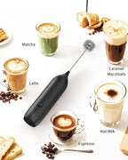 CIRCLE JOY Rechargeable Milk Frother Handheld with Stand, Coffee Frother Wand Drink Mixer with Dual Spring Whisk for Coffee, Cappuccino, Lattes, Frappe, Matcha and Hot Chocolate, Black
