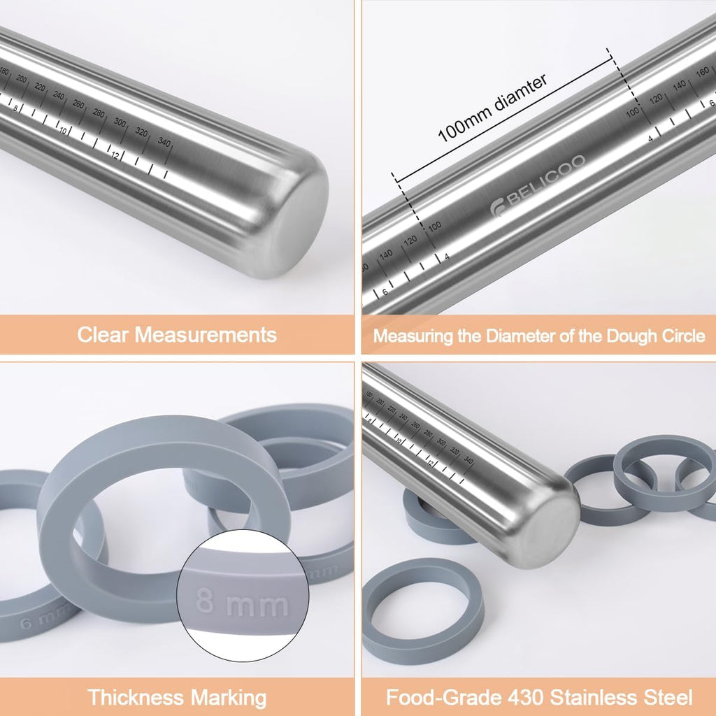 Rolling Pin and Silicone Pastry Mat Set, Adjustable Stainless Steel Dough Roller Pin with Silicone Brush for Pizza, Pie, Cookie, Pasta and Bread (Grey, 16.1 '')