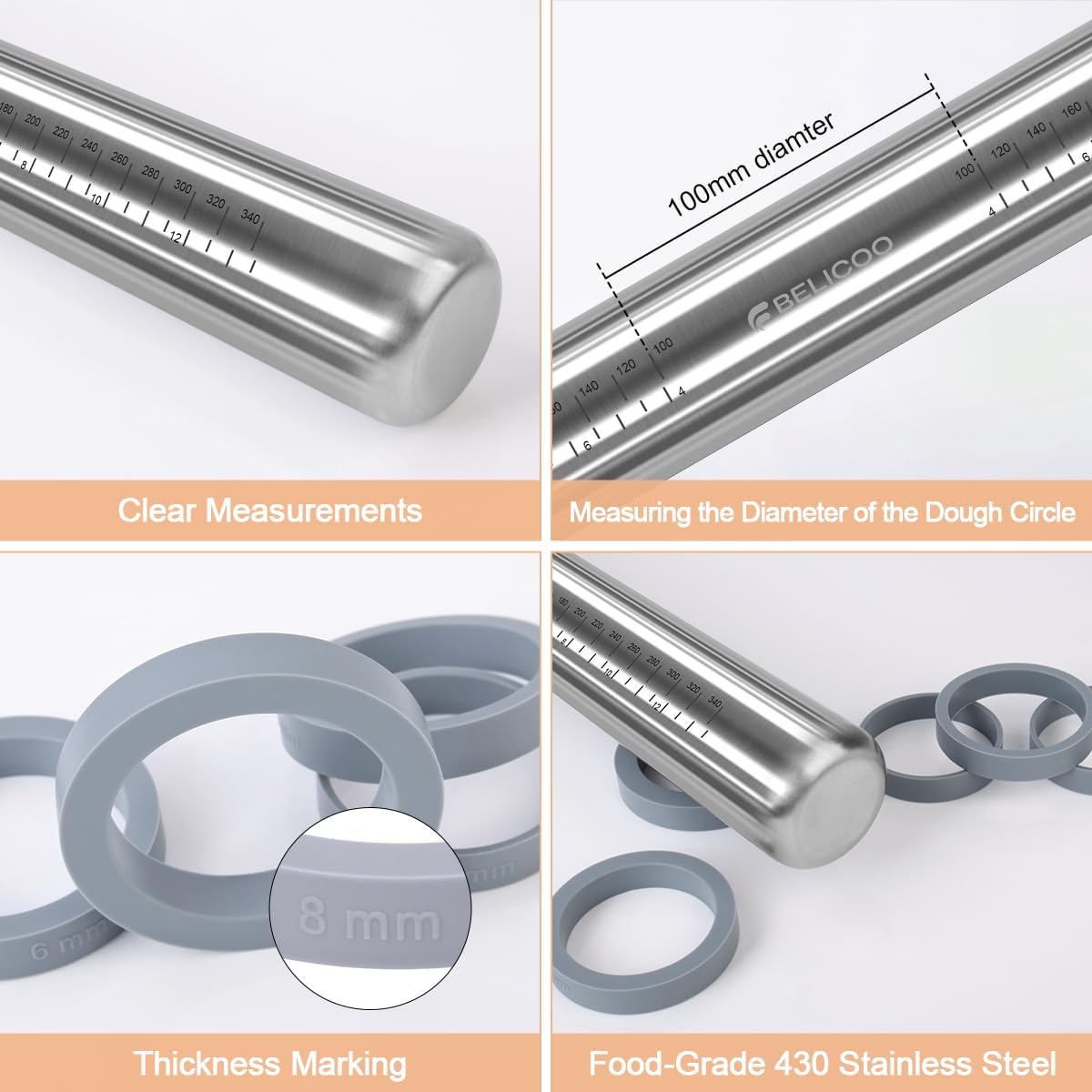 Rolling Pin and Silicone Pastry Mat Set, Adjustable Stainless Steel Dough Roller Pin with Silicone Brush for Pizza, Pie, Cookie, Pasta and Bread (Grey, 16.1 '')