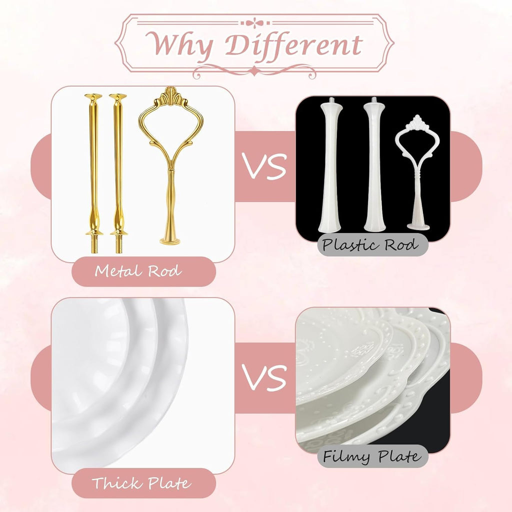 PinCute 5 Pcs Dessert Table Display Set - 2 X Cupcake Stand Holder/Cup Cake Tier Tower & 3 X Serving Tray Combo for Tea Party, Birthday, Baby Shower (Wave Round)