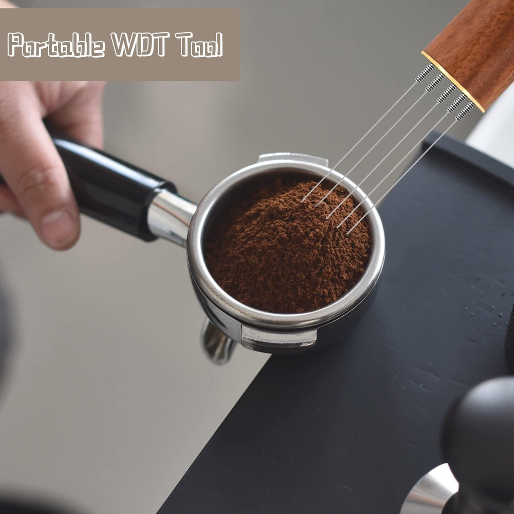 Espresso Coffee Stirrer, Espresso Distribution Tool Coffee Stirring Tool,Professional Barista Hand Needle Type Distribution Tool 5 Needles 0.4mm Natural Wood Handle and Stand