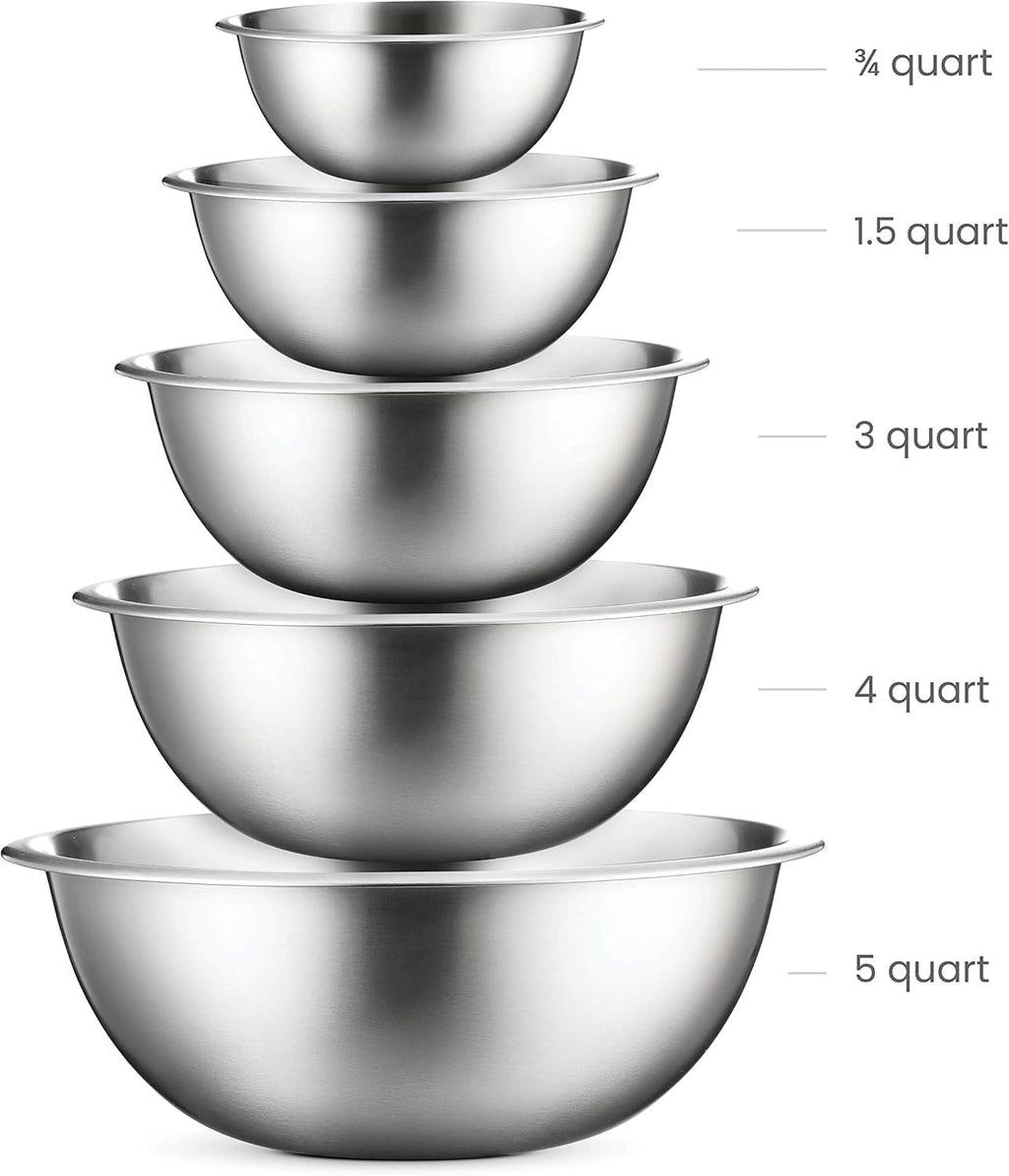 Stainless Steel Mixing Bowl Set, Nesting Bowls for Kitchen Baking, Cooking, Prepping, Kitchen Food Storage Organizers, No Lids (5 Pack)