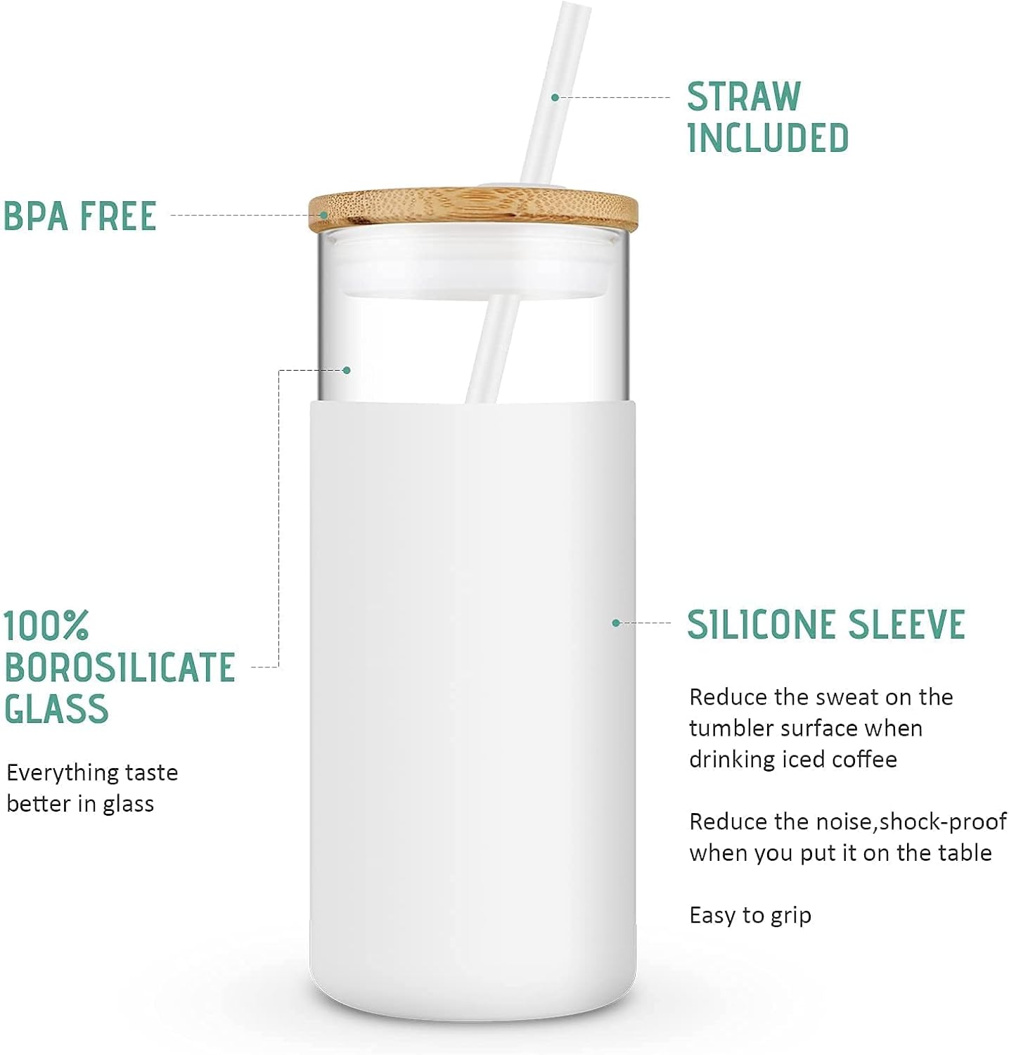 Tronco 20 oz Glass Tumbler Glass Water Bottle Straw Silicone Protective Sleeve Bamboo Lid - BPA Free - Black/2 Pack