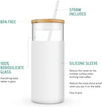 Tronco 20 oz Glass Tumbler With Lids and Straws, Glass Water Bottle Silicone Protective Sleeve, Iced Coffee Cup With Bamboo Lid, Reusable Smoothie Cup, BPA Free (White 2 Count)