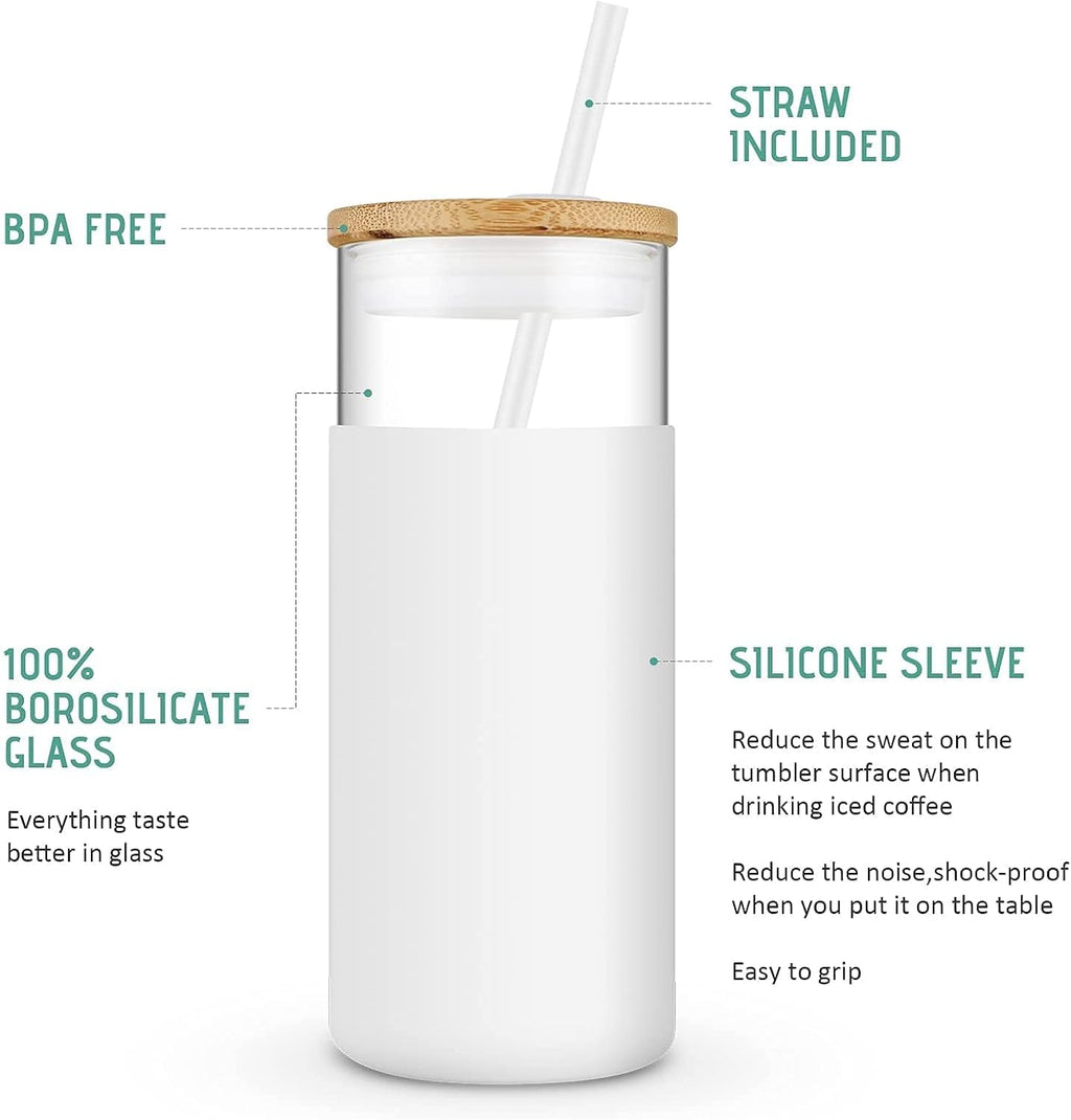 Tronco 20 oz Glass Tumbler Glass Water Bottle Straw Silicone Protective Sleeve Bamboo Lid - BPA Free -White/4 Pack