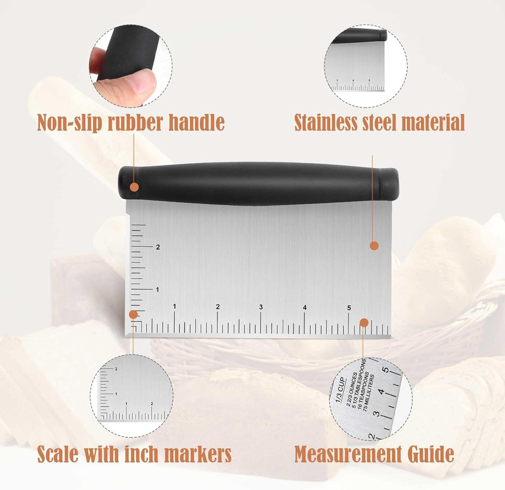 Stainless Steel Dough Scraper & Chopper - 6 Inch Multi-Purpose Kitchen Tools with Measuring Markings, Cutter for Dough, Cake,Griddle Scraper,Bench Scraper and Extra Bowl Shaped Scraper