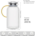 INSETLAN 68 Oz/2L Glass Pitcher with Lid and Spout, Ribbed Glass Jugs with Handle, Hot & Cold Water Pitcher for Iced Tea, Juice, Lemonade - Modern Glass Carafe for Fridge or Table (Pack of 2)