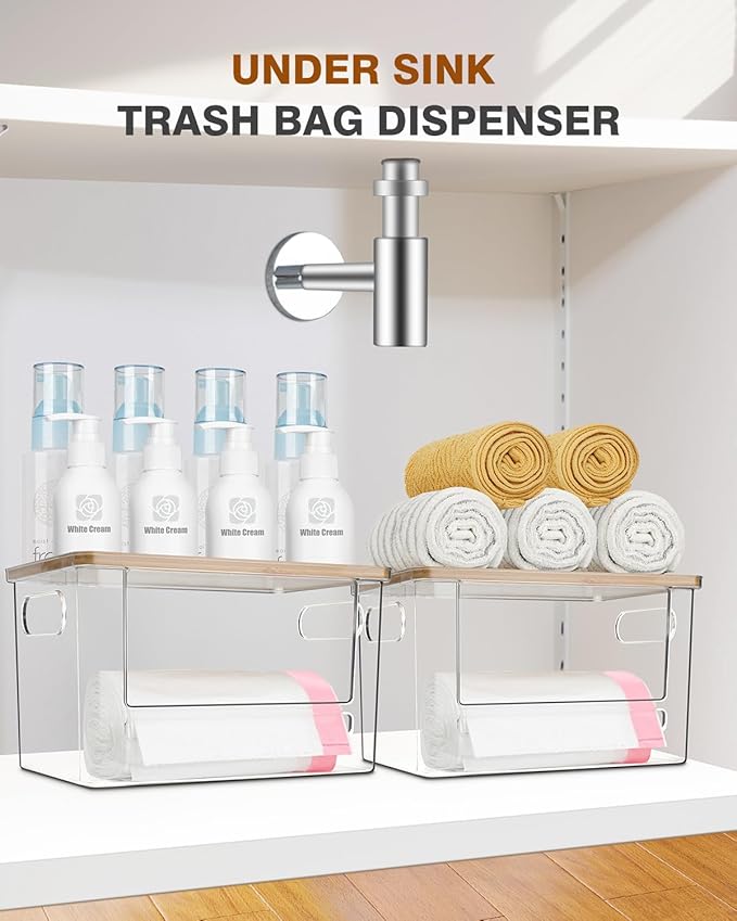 Trash Bag Holder, Acrylic Garbage Bag Dispenser with Bamboo Top, Extra Large Trash Bags Dispenser Under Sink for Kitchen, Pantry, Laundry Room, Cabinet Organizer and Storage (1 PACK)