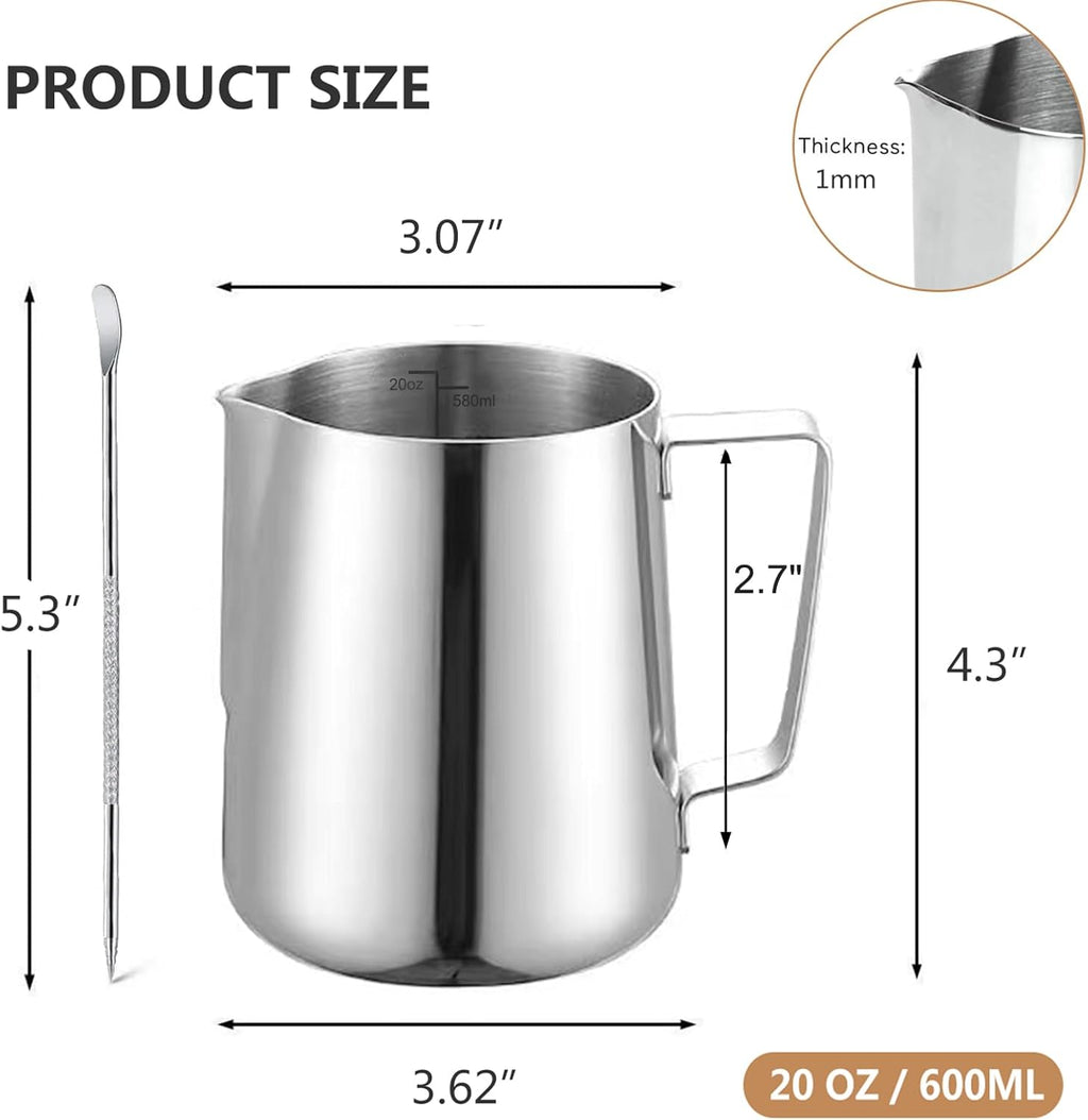 Milk Frother Pitcher 20 OZ，Espresso Milk Frothing Pitcher, Milk Steamer Cup Steaming Pitcher, Stainless Steel Coffee Froth Cup with Latte Art Pen for Coffee Cappuccino (Silver)